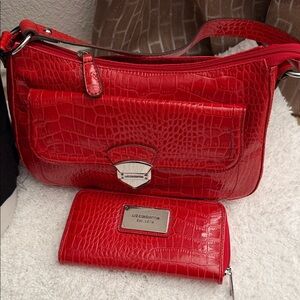 Liz Claiborne Red Croc-Embossed Shoulder Bag with Wallet